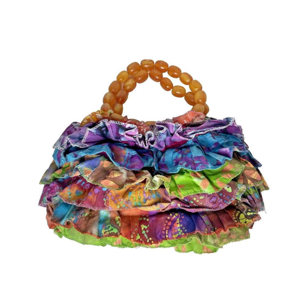 Vintage Purse Bright Multi-Colored‎ Ruffles with Jumbo Acrylic Bead Handles